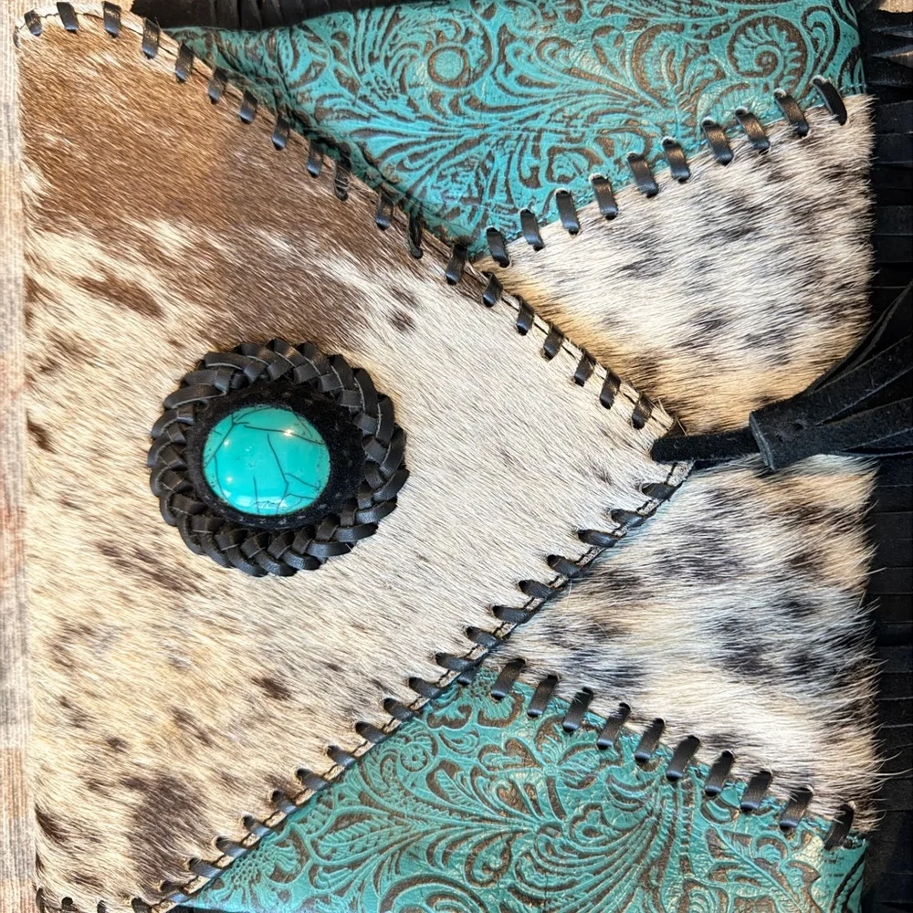 Turquoise Accent Cowhide Tooled Fringe Crossbody Bag - Picture 5 of 9
